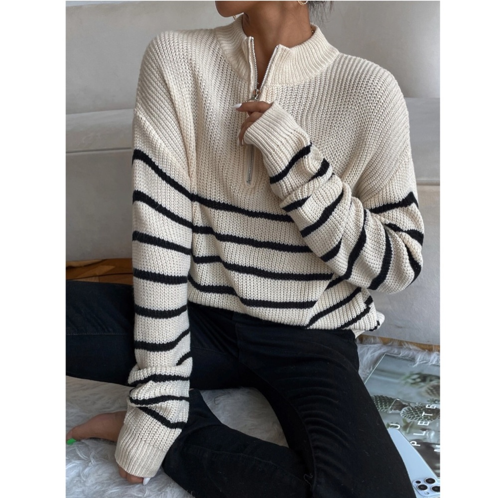 Striped Pullover Zip Collar Sweater Knit - Picture 2 of 8